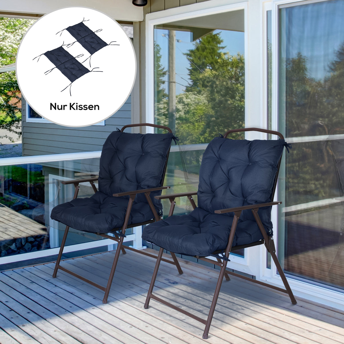 Set of 2 seat cushions, 98 x 50 cm chair cushions with ties, fabric cover, 8 cm thick, dark blue (2)