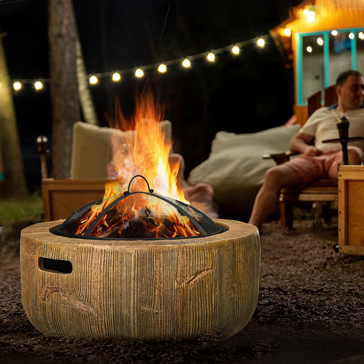 Fire pit in tree stump design, spark screen, charcoal grate, poker, Ø61.5 x 39 cm (2)