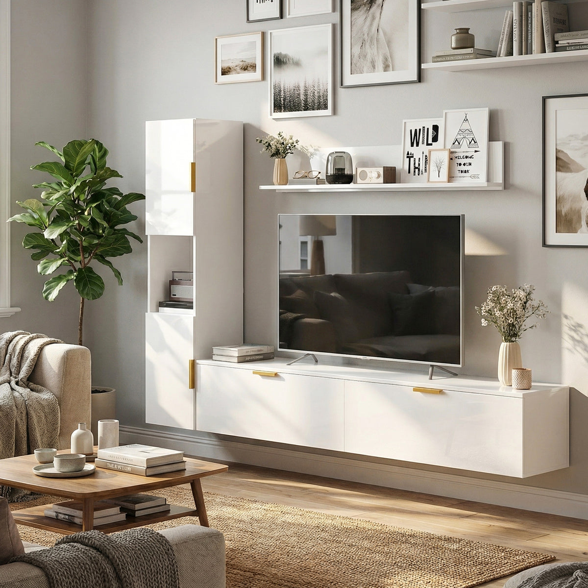 Floating TV stand with drop-down doors, entertainment center, wall shelf, cabinet, 180 cm, high-gloss white (2)