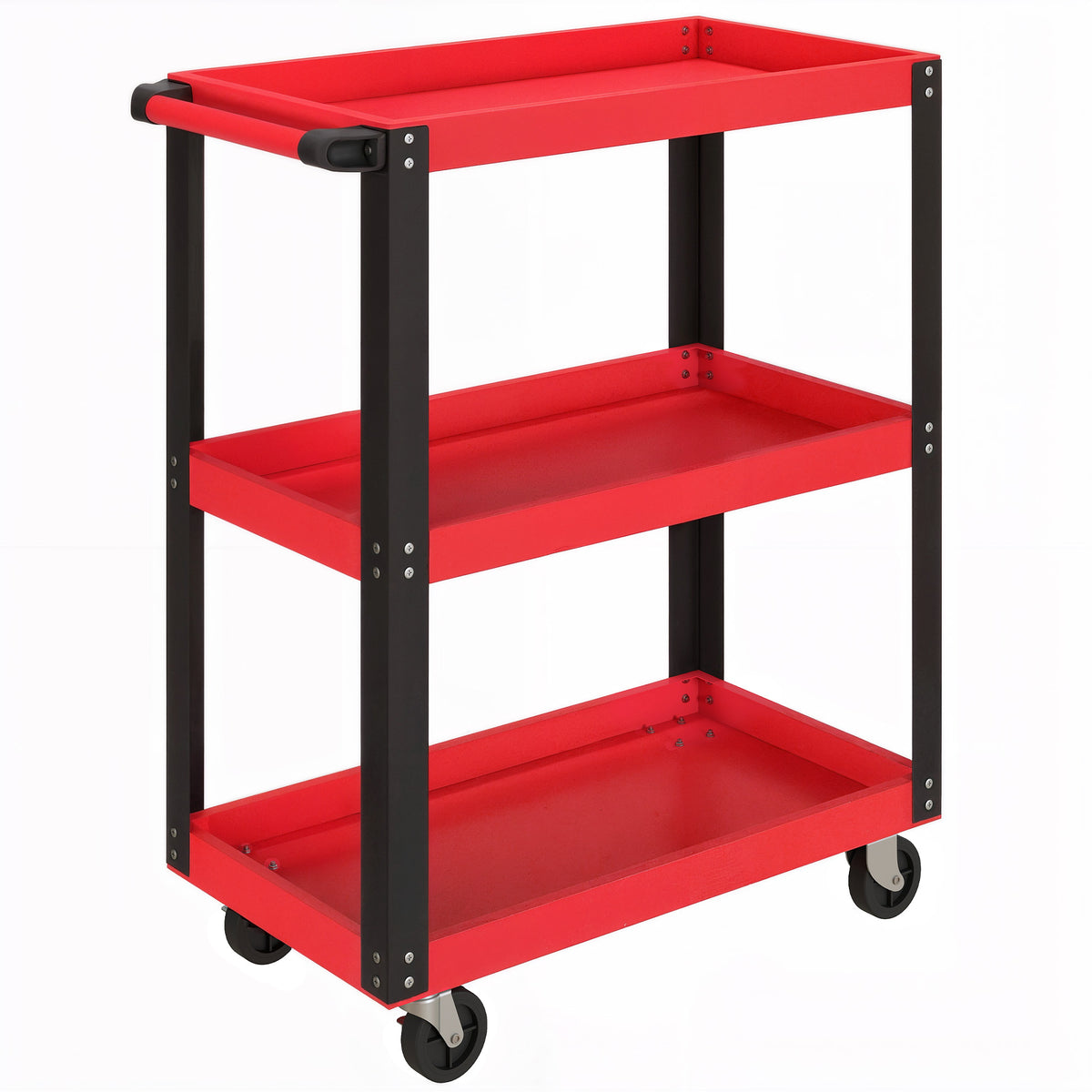 3-tier tool cart, metal frame, 120 kg load capacity, castors, handle, red