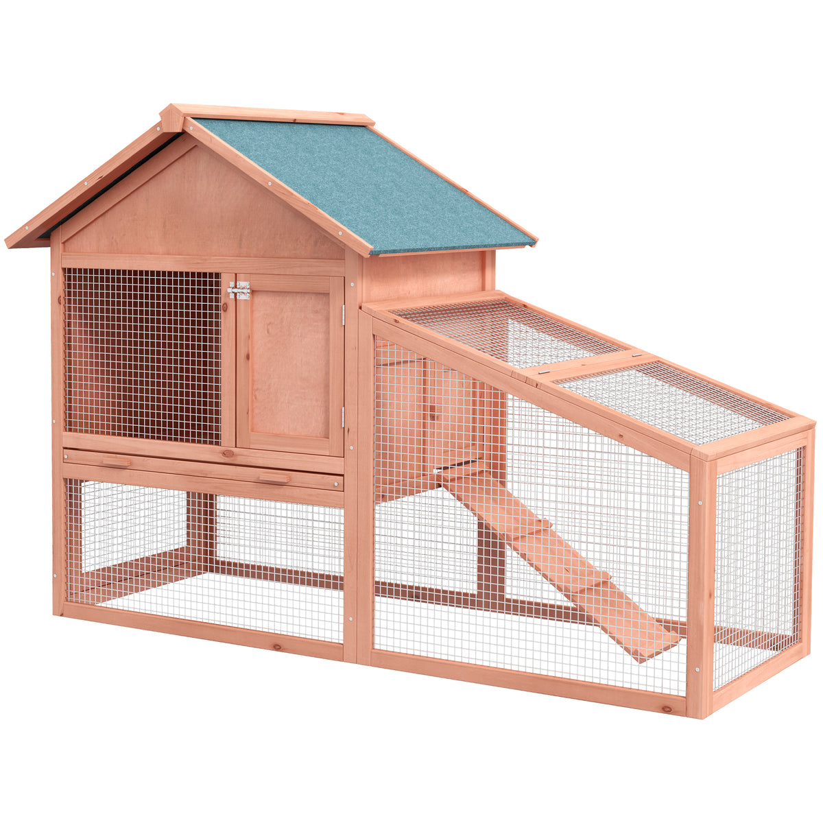 Two-tier wooden rabbit hutch with ramp 144x64.5x100 cm, rabbit hutch with water-repellent bitumen roof