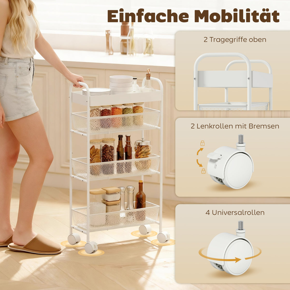 Metal kitchen trolley, 3 baskets, narrow design, 4 wheels, for kitchen, living room, bathroom, white (7)