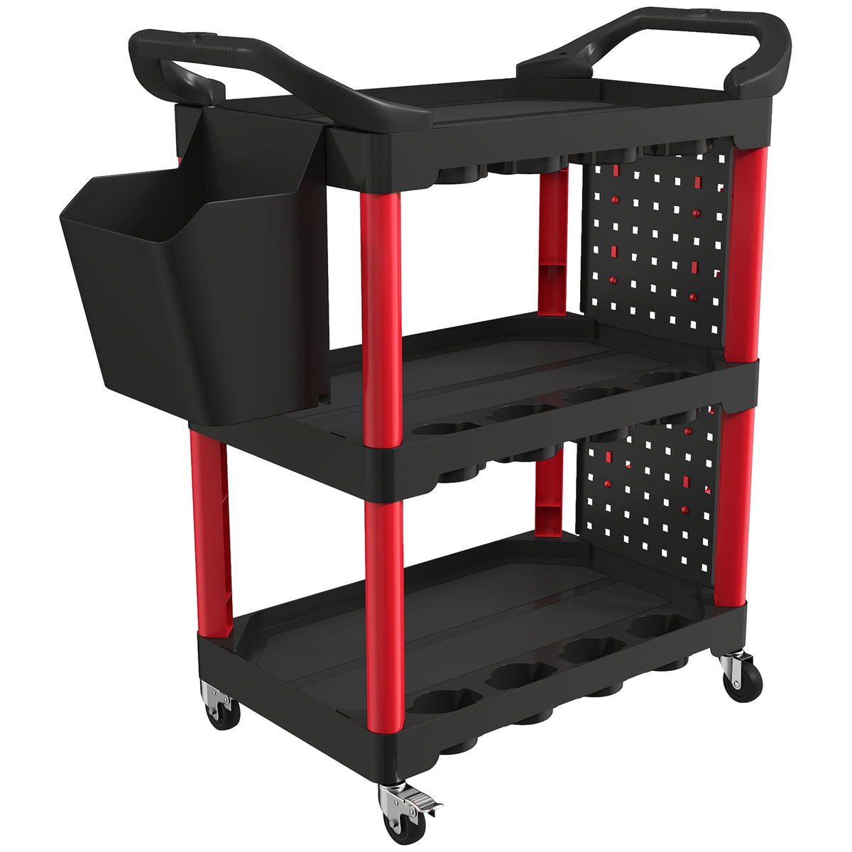 3-tier tool cart with perforated walls, hooks, and tool bins, black and red