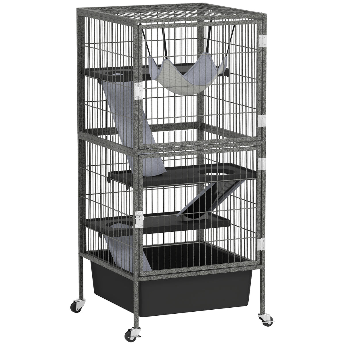 Small animal cage, 4-tier rodent cage with liftable tray, ramps, hammock, casters, platforms, 52x52x115 cm, gray