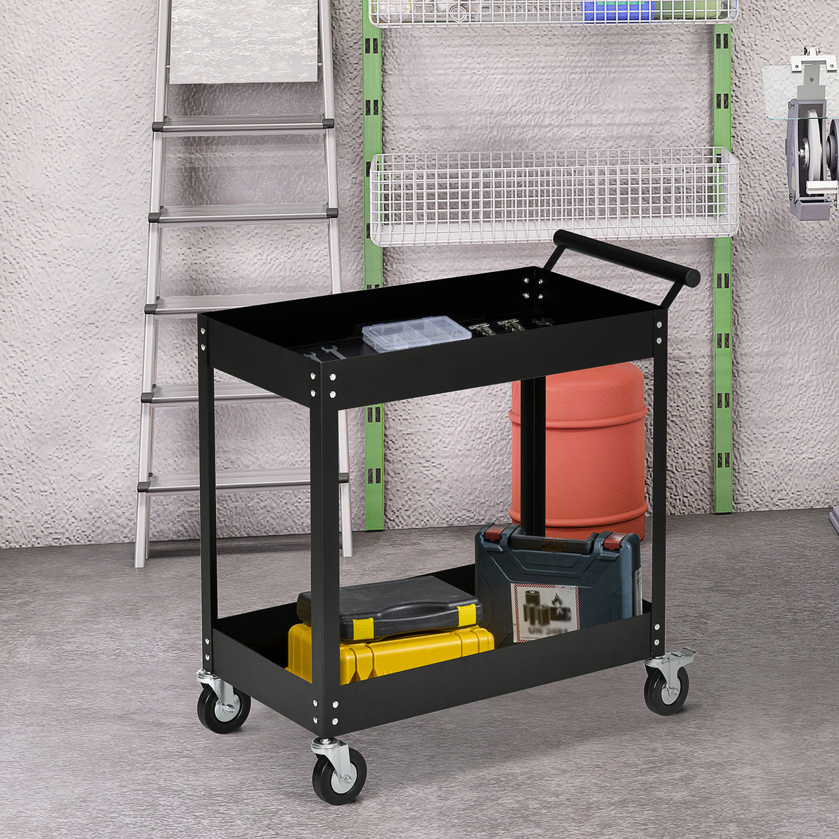 Workshop cart, 2 shelves, wheelbarrow-style, 4 castors, steel, up to 150 kg, 84.5 x 38 x 84 cm, black (2)