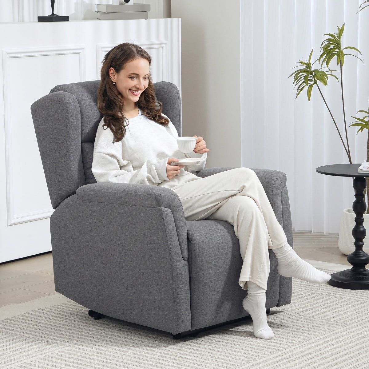 Recliner chair, adjustable upholstered armchair with footrest, 160° tiltable, linen look, quick assembly, dark (2)