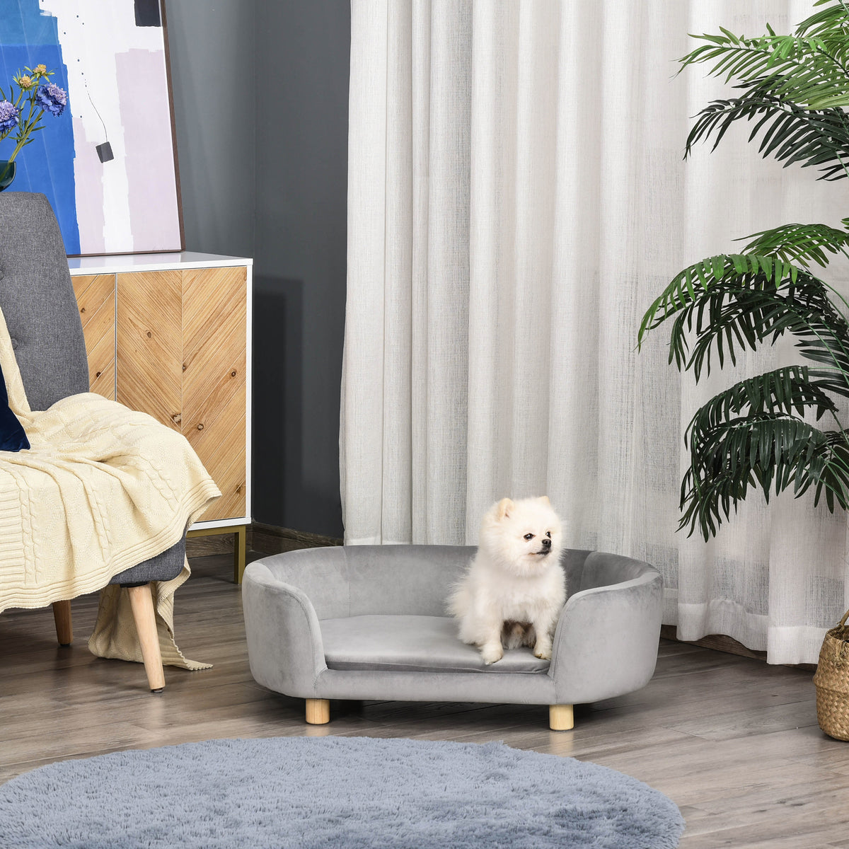 Pet Sofa Dog Sofa Dog Bed with Dutch Velvet Foam Birch Leg for Cats Dogs 86 x 55 x 33 cm Light Gray (2)