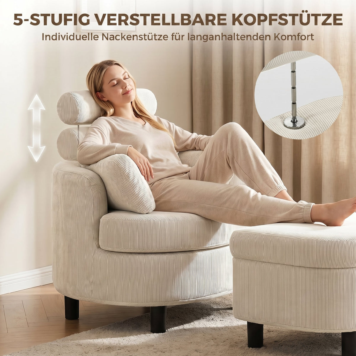 Armchair with storage ottoman, corduroy upholstery, wraparound reading chair with adjustable headrest, wide seat (4)