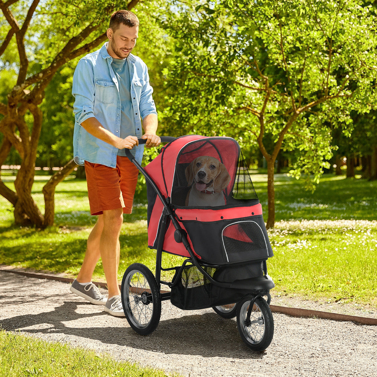 Dog stroller, foldable, sun canopy, mesh windows, storage basket, red, 111 x 58 x 107 cm (2)