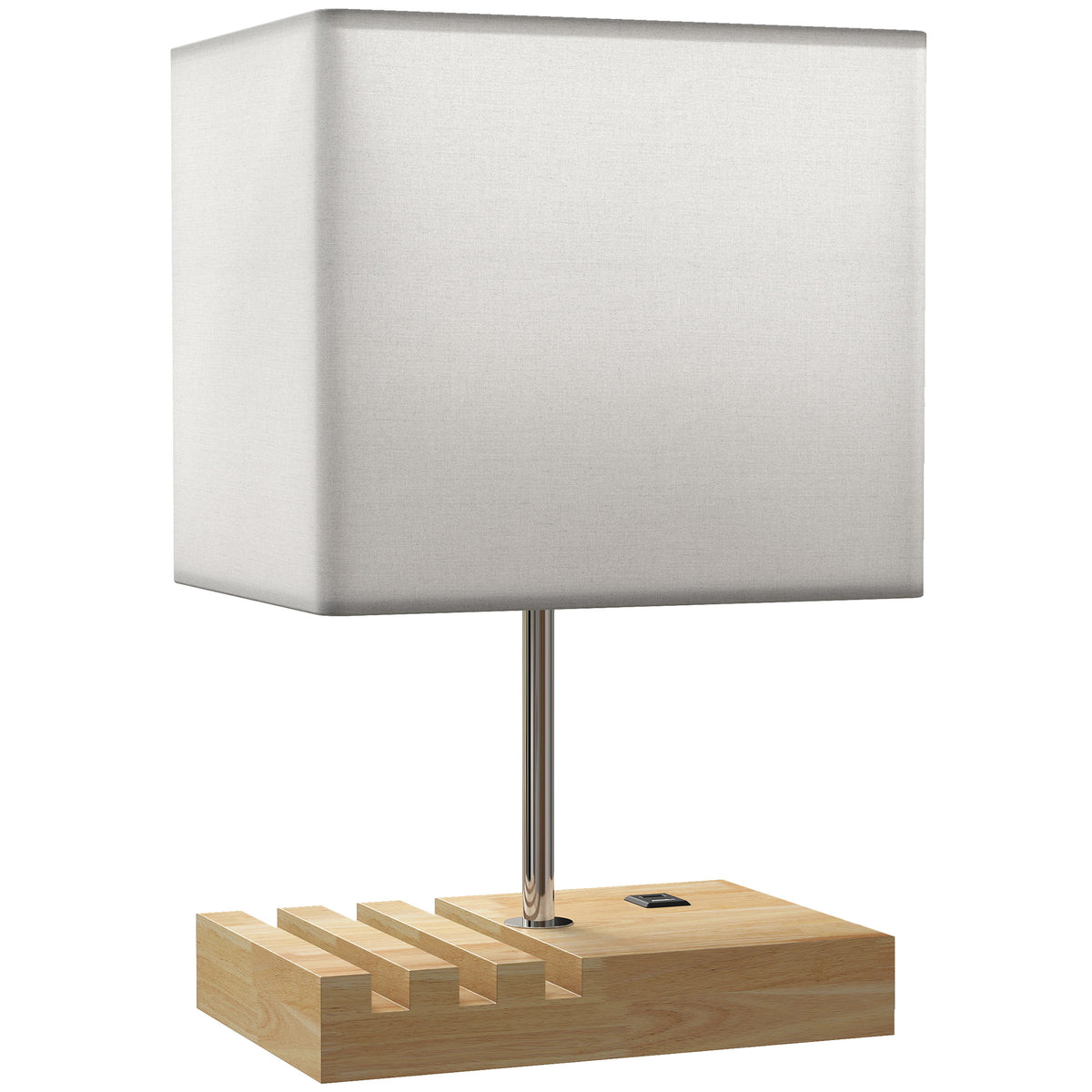 Bedside lamp, USB ports, wood, fabric, rocker switch, storage compartments, white