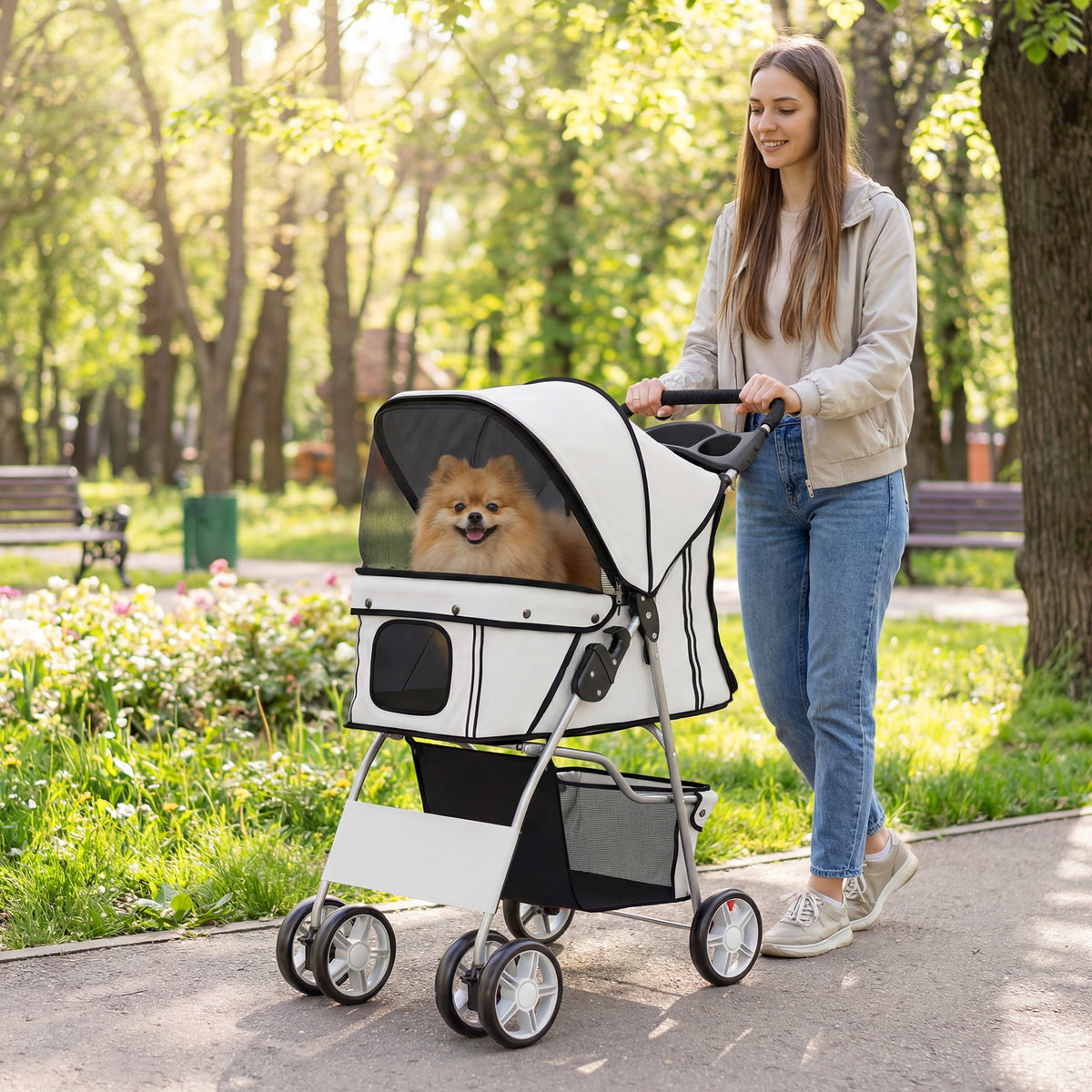 Foldable Dog Stroller Pet Buggy with Reflective Strips Storage Basket Cushion for Small Dogs up to 10 kg (2)