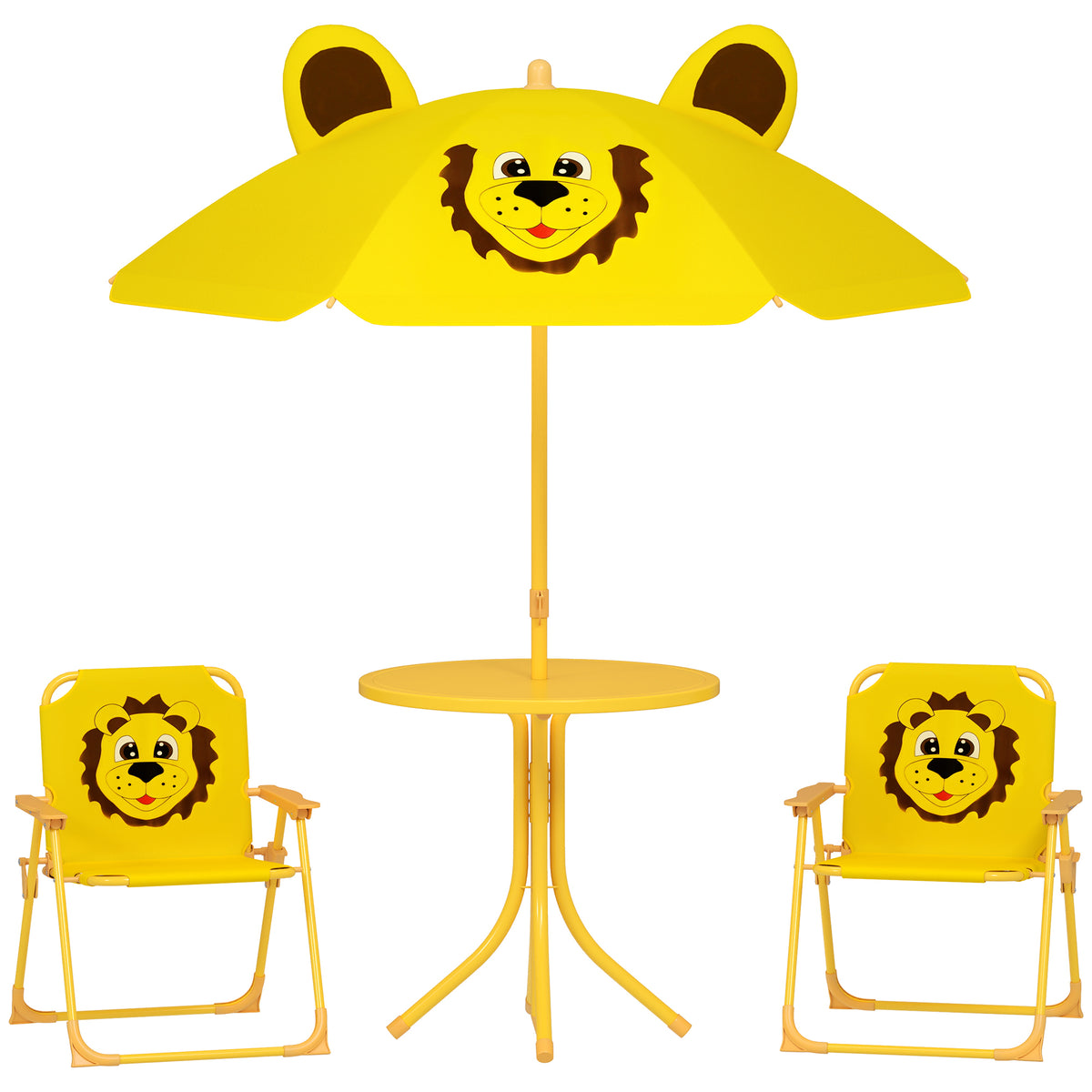 Children's garden furniture set, chairs, table, parasol, lion design, yellow