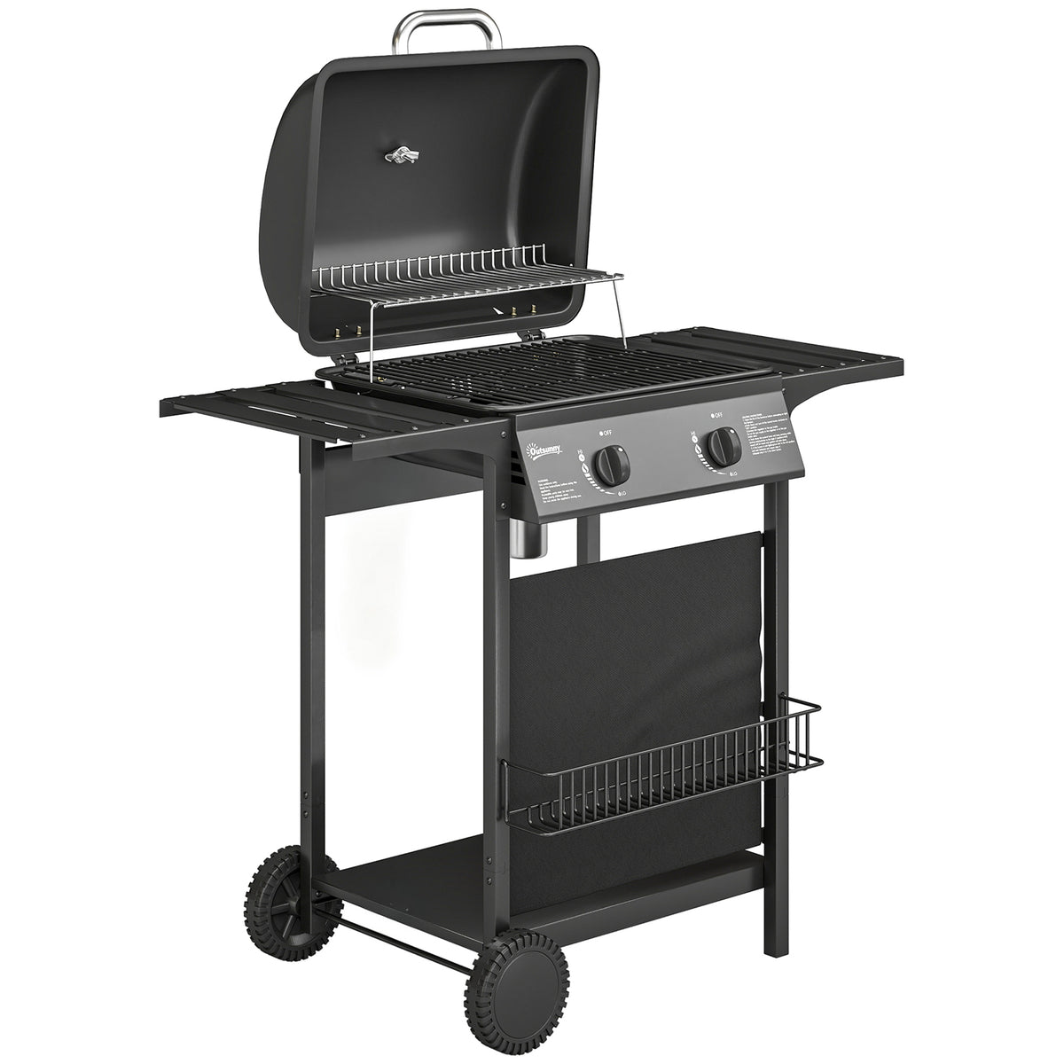 Gas grill 5 kW 2-burner BBQ grill cart stainless steel incl. side table, lower basket, front cover, thermometer