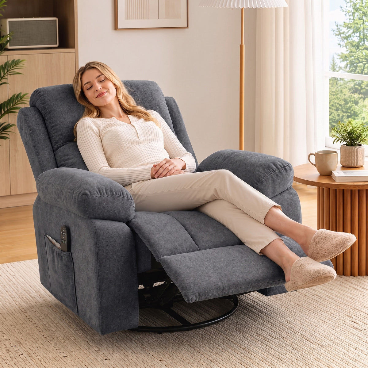 Recliner TV Chair 360° Swivel Massage Chair with Heat, Massage, Chenille Look, Dark Gray (2)