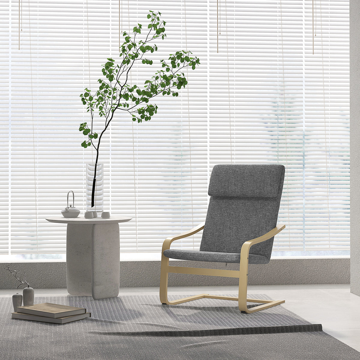 Armchair with headrest and armrests, linen-look upholstery, wooden frame, grey + natural (2)