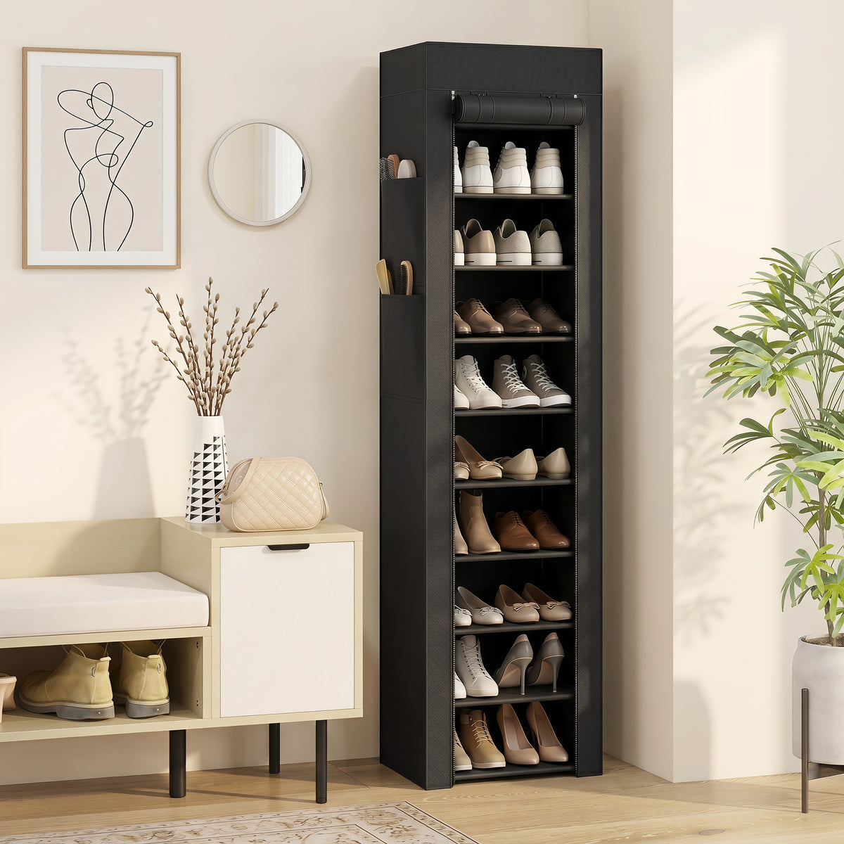 Metal shoe rack with dustproof fabric cover, for up to 20 pairs of shoes, 45 x 30 x 175 cm, black (2)