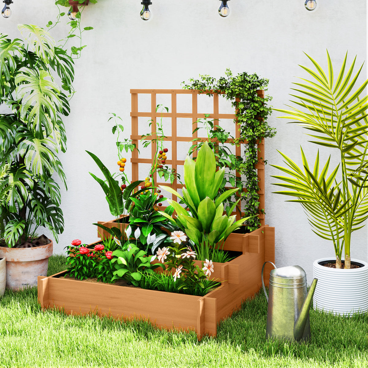 Raised garden bed with trellis, 3-tier planter with non-woven fabric, fir wood, brown, 95 x 95 x 110 cm (2)