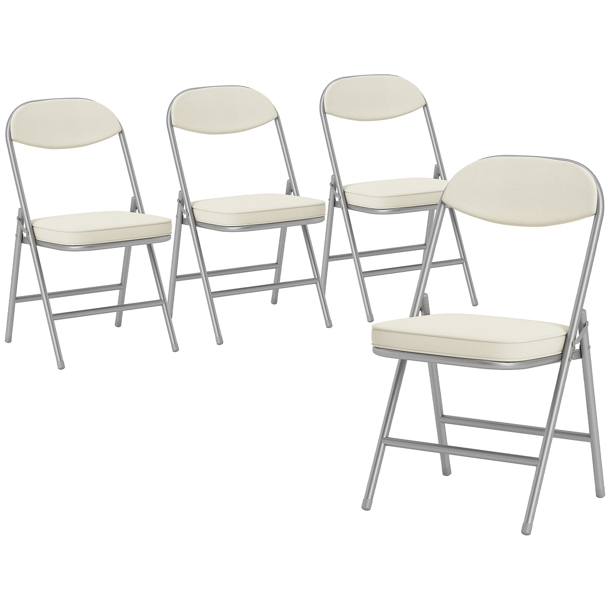 Set of 4 padded folding chairs, foldable chairs with corduroy cover, backrest, metal frame, cream white