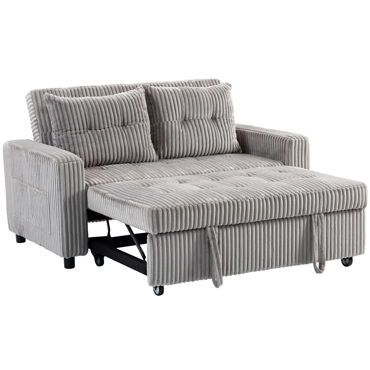 2-seater sofa bed, corduroy upholstery, convertible into a sleeper sofa, 2 cushions, side pockets, 157 x 190 cm