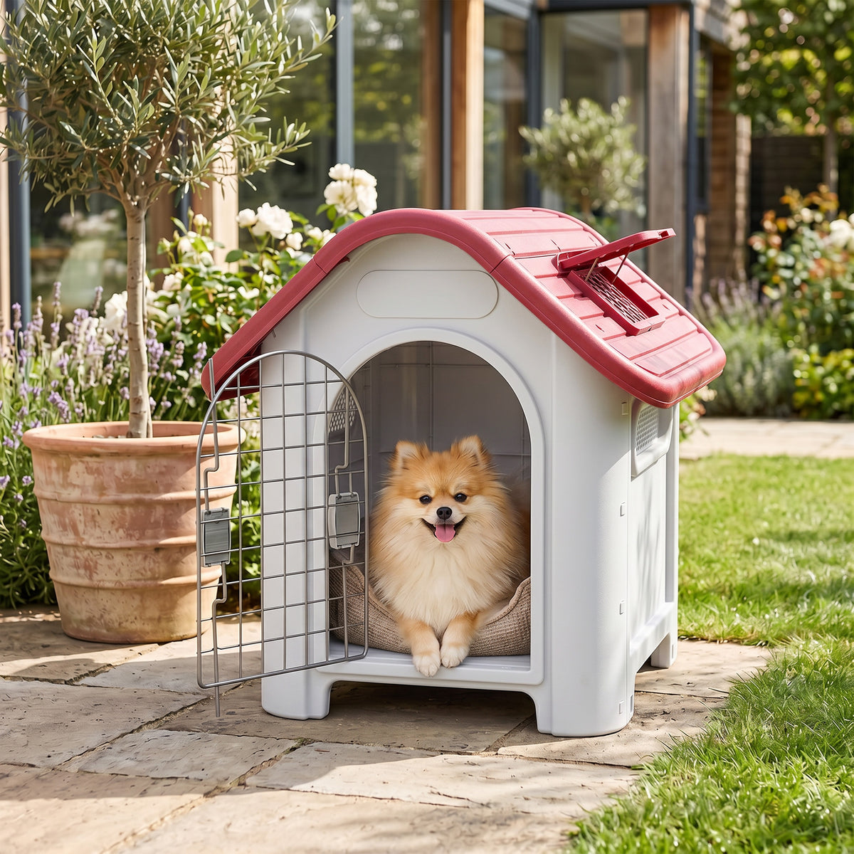 Outdoor dog kennel, dog house with roof hatch, gate and shelter, waterproof dog cave with air circulation, hut (2)