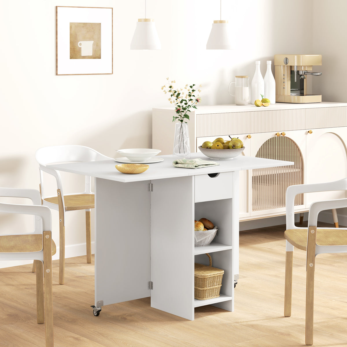 Foldable dining table for 2-4 people, collapsible kitchen table with storage, extendable table on wheels, white (2)