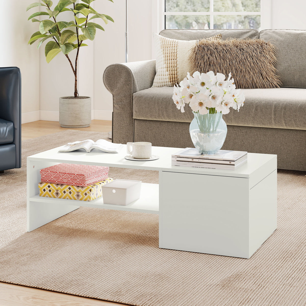 Adjustable coffee table, metal rails, chipboard, foot pads, white (2)