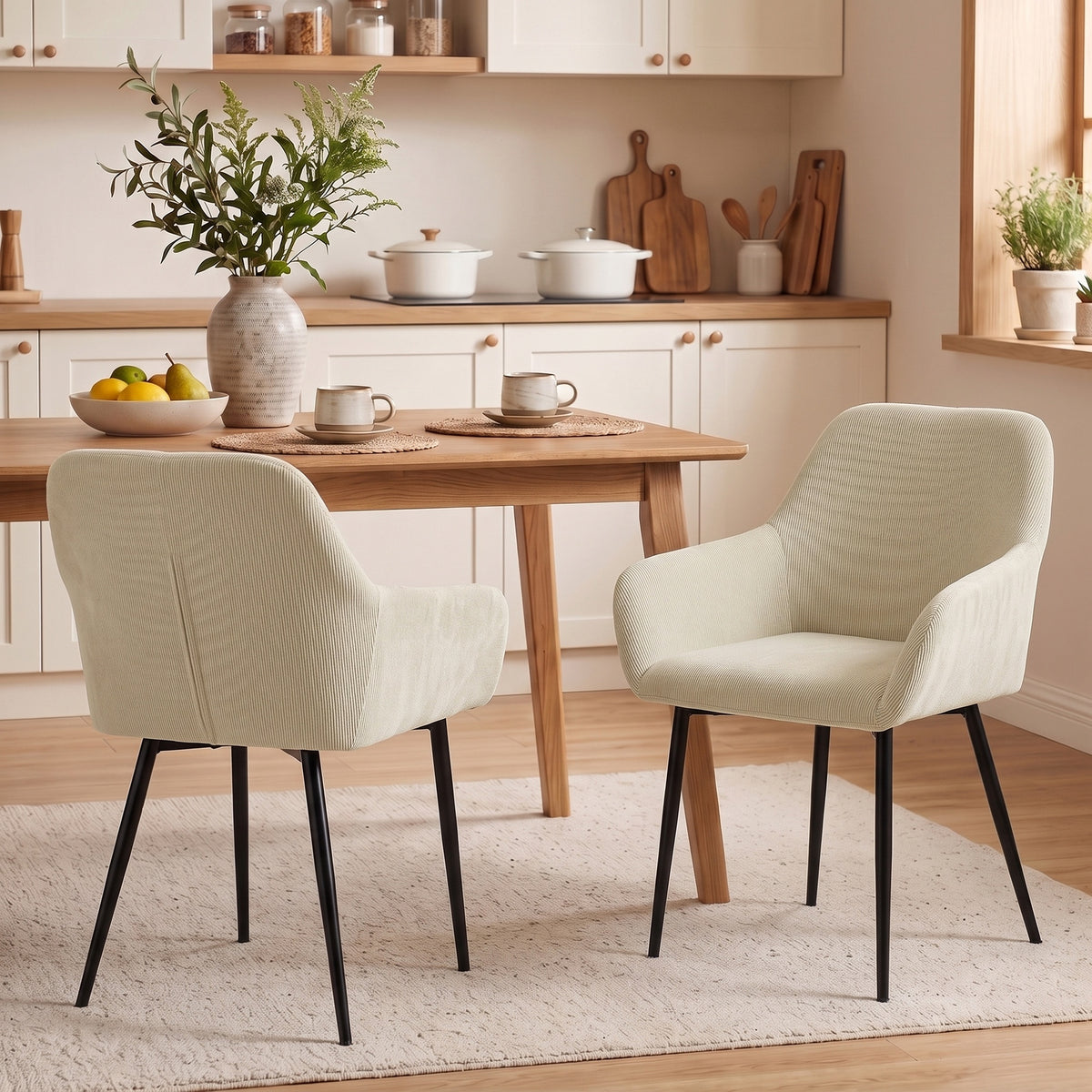 Dining chairs set of 2, upholstered kitchen chairs with metal legs, cream white (2)