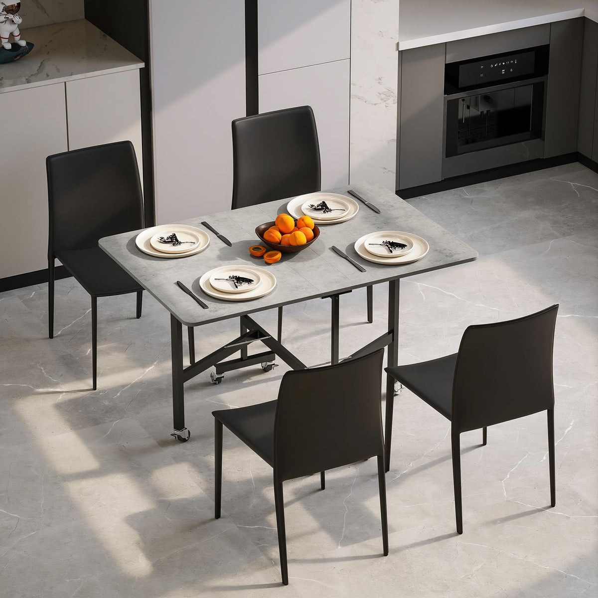Dining table for 4-6 people, folding table with casters, steel frame, 52.5-120 x 80 x 73 cm, gray (2)