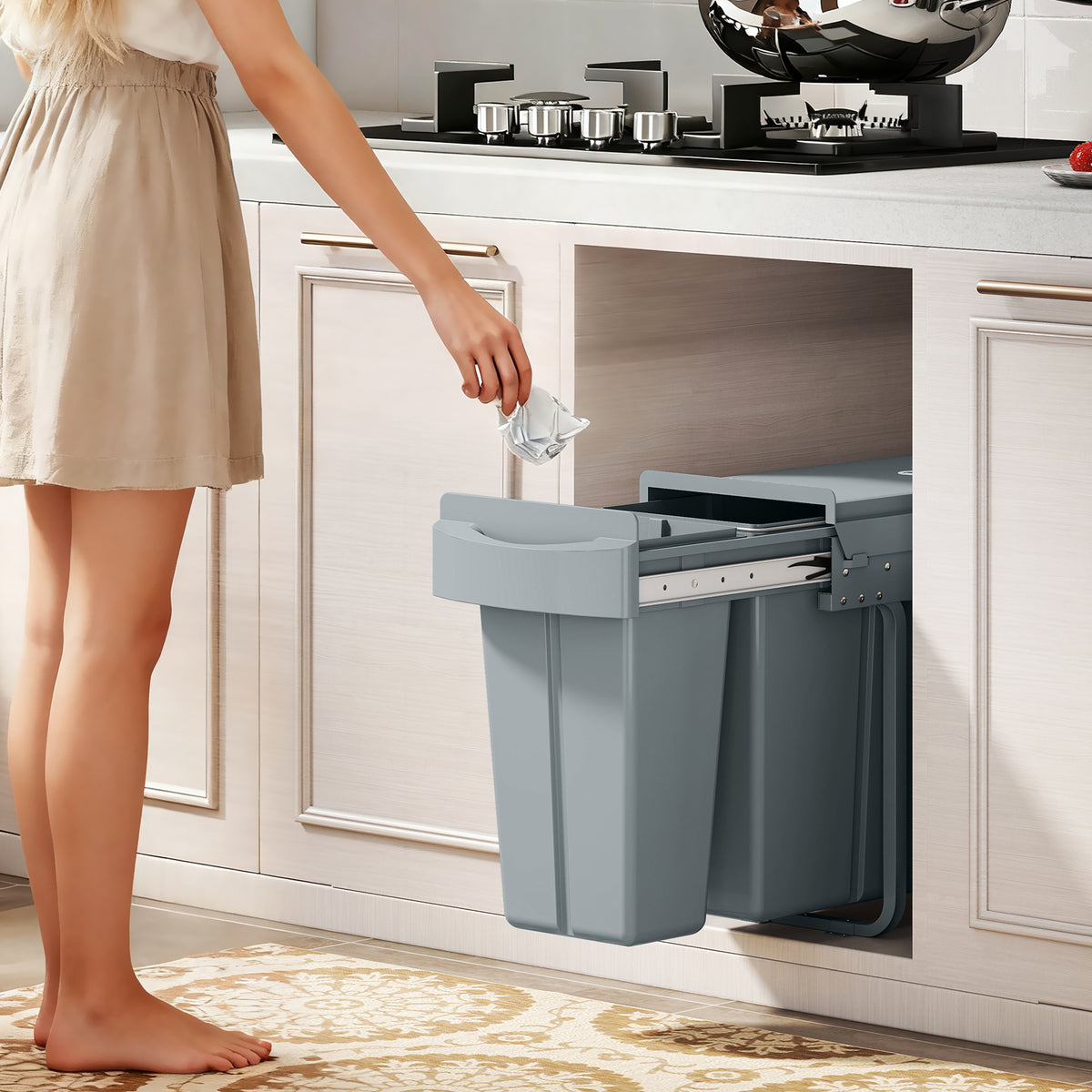 Pull-out trash can, kitchen waste bin with 2 removable buckets, handle, 30 liters (20 L+10 L), metal, gray (2)