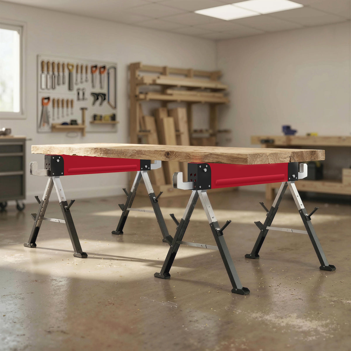 Set of 2 work trestles up to 1160 kg, foldable sawhorse, 7-way height-adjustable 64-81 cm, metal scaffold (2)