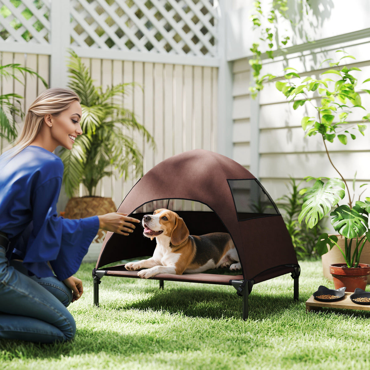 Outdoor Dog Cot with Canopy, Elevated Dog Bed for Medium Dogs, 76 x 61 x 71cm, Coffee (2)