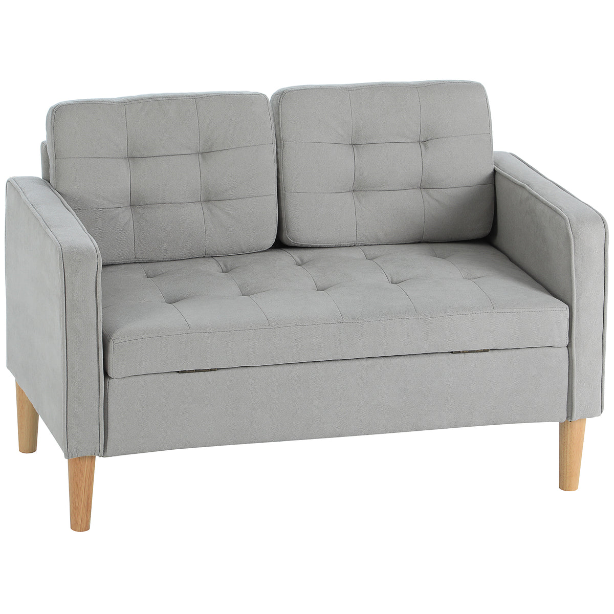 Two-seater sofa with storage, button tufting, cushions, rubberwood, 117x62x78cm, light gray