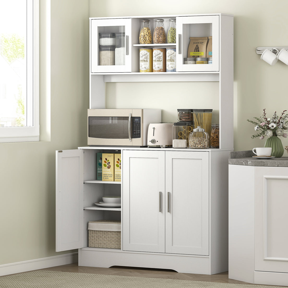 Kitchen cabinet, Scandinavian design, 4 cupboards, adjustable shelves, glass doors, open space, chipboard, MDF (2)