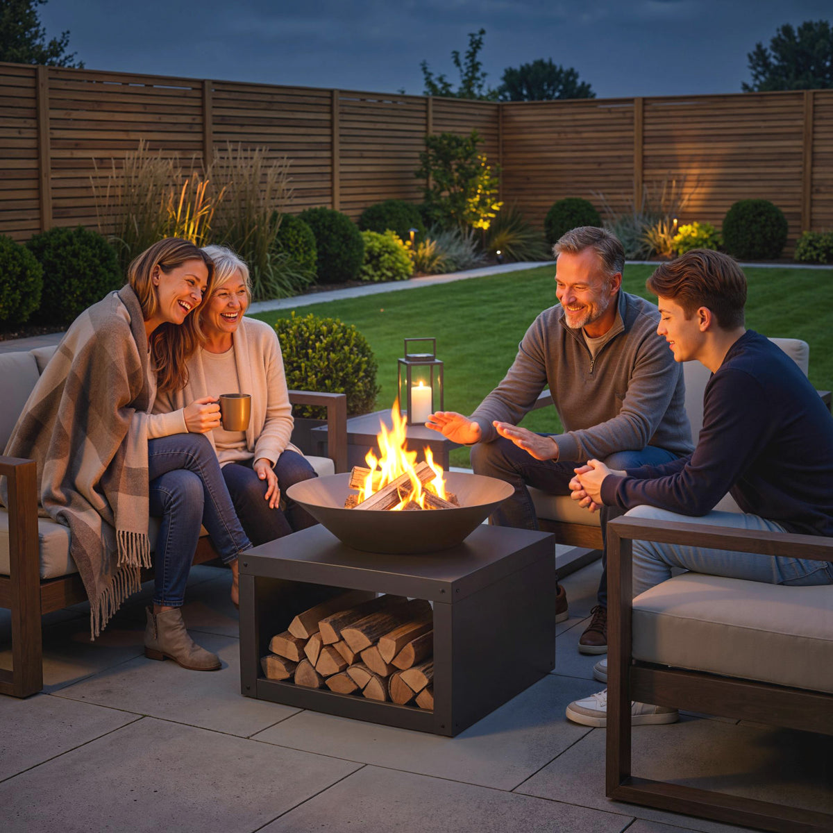 Fire pit Ø59 cm fireplace with wood storage, poker, suitable for wood & charcoal, round black (2)