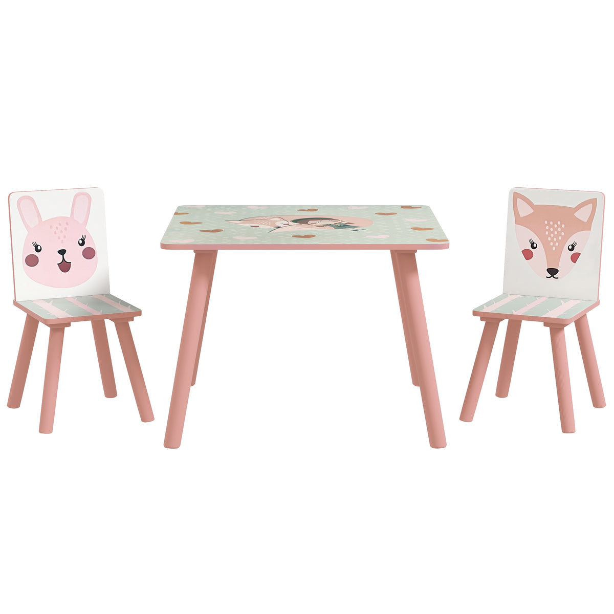Pine wood children's table and chair set, table with 2 chairs, animal motif, nursery, 3-8 years, pink