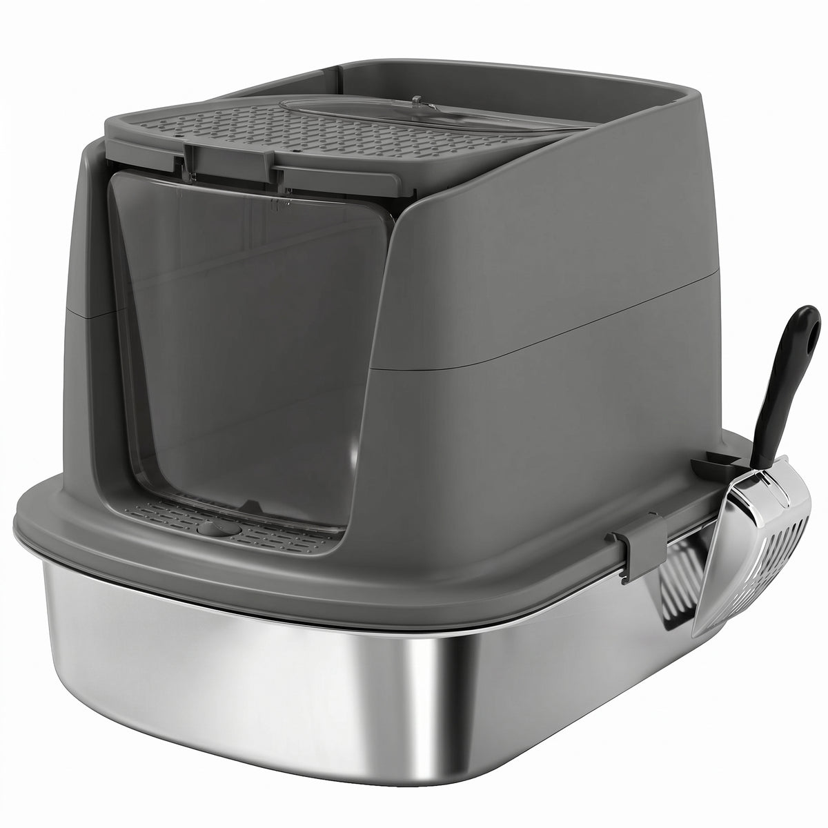 Large stainless steel litter box, enclosed cat litter tray with metal scoop and odor control bag, dark gray