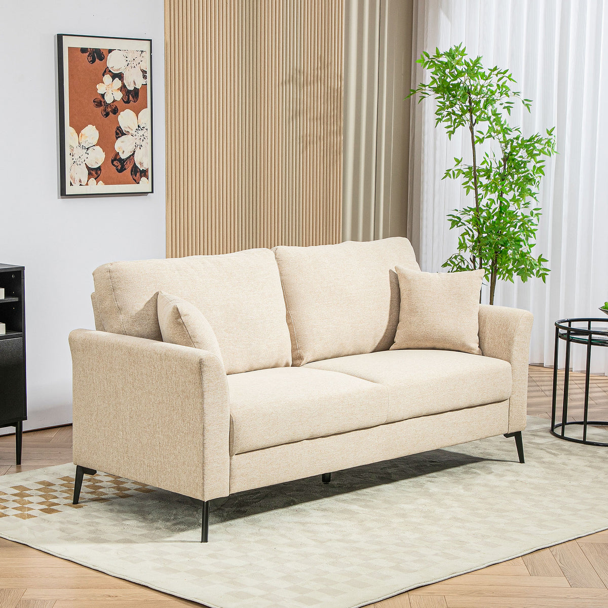 2-seater sofa with linen look, thick padding, up to 360 kg, 179 x 80 x 89 cm, beige (2)