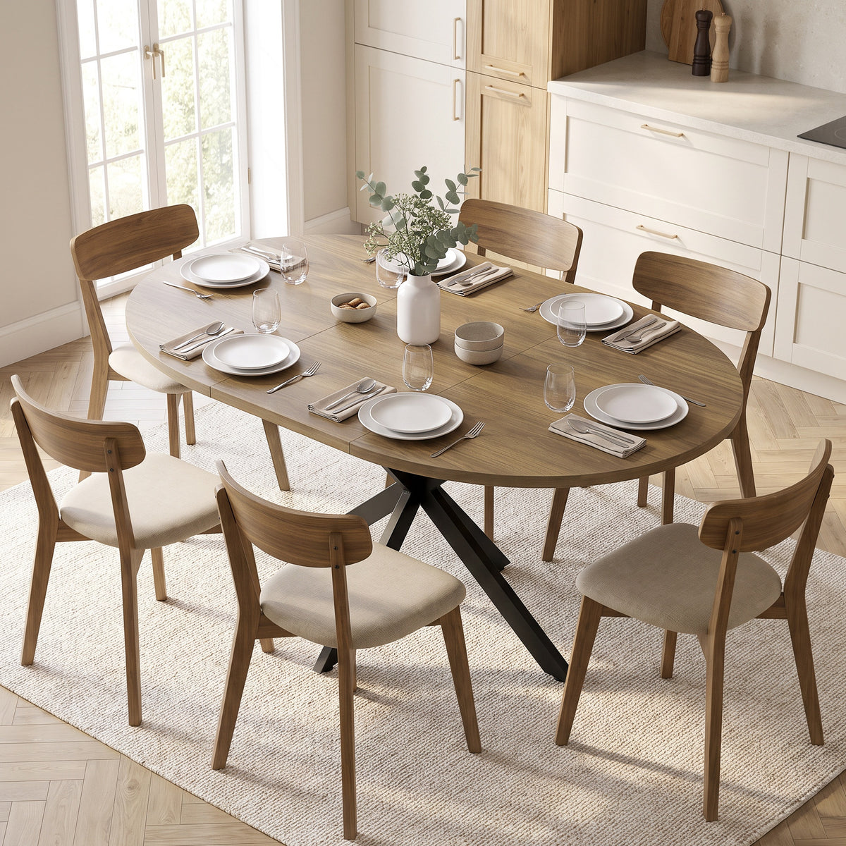 Extendable dining table for 4–6 people, industrial-style kitchen table with spider leg, brown wood look (2)
