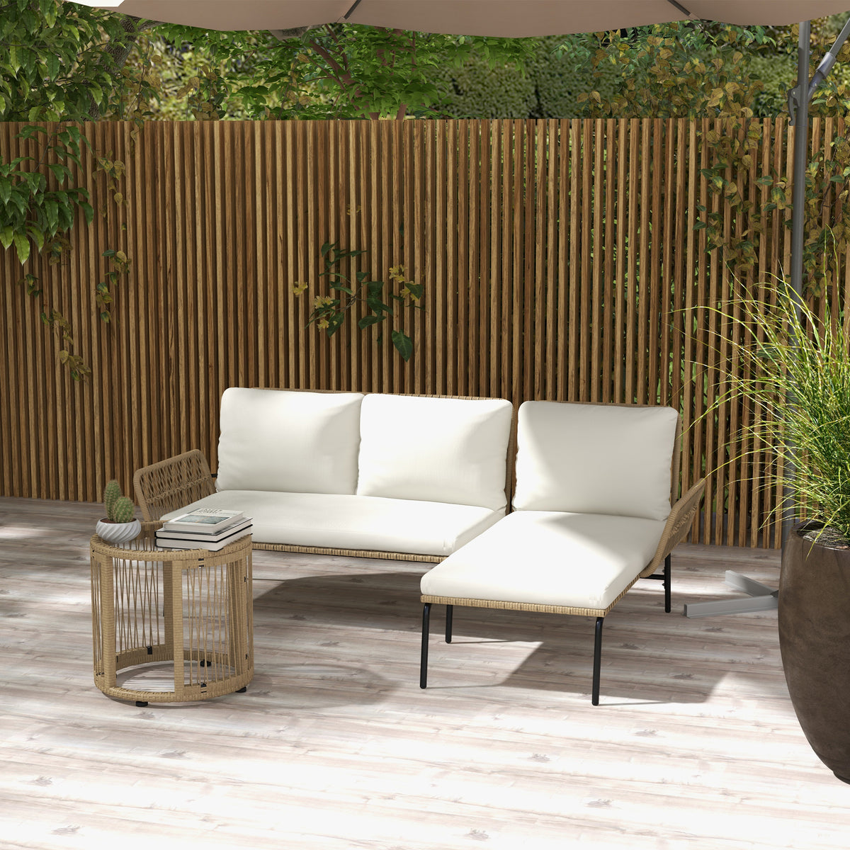 Garden lounge set, PE rattan, 122 x 79 x 75 cm, natural + cream white (2)