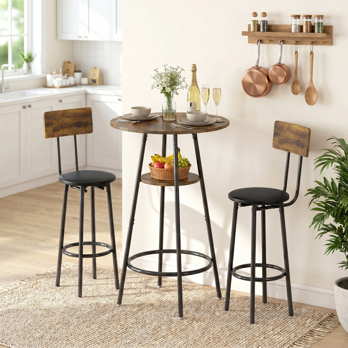 Industrial Bar Table Set with 2 Padded Stools, Footrests, Metal Frame, Kitchen Table with Storage Shelf, Rustic (2)