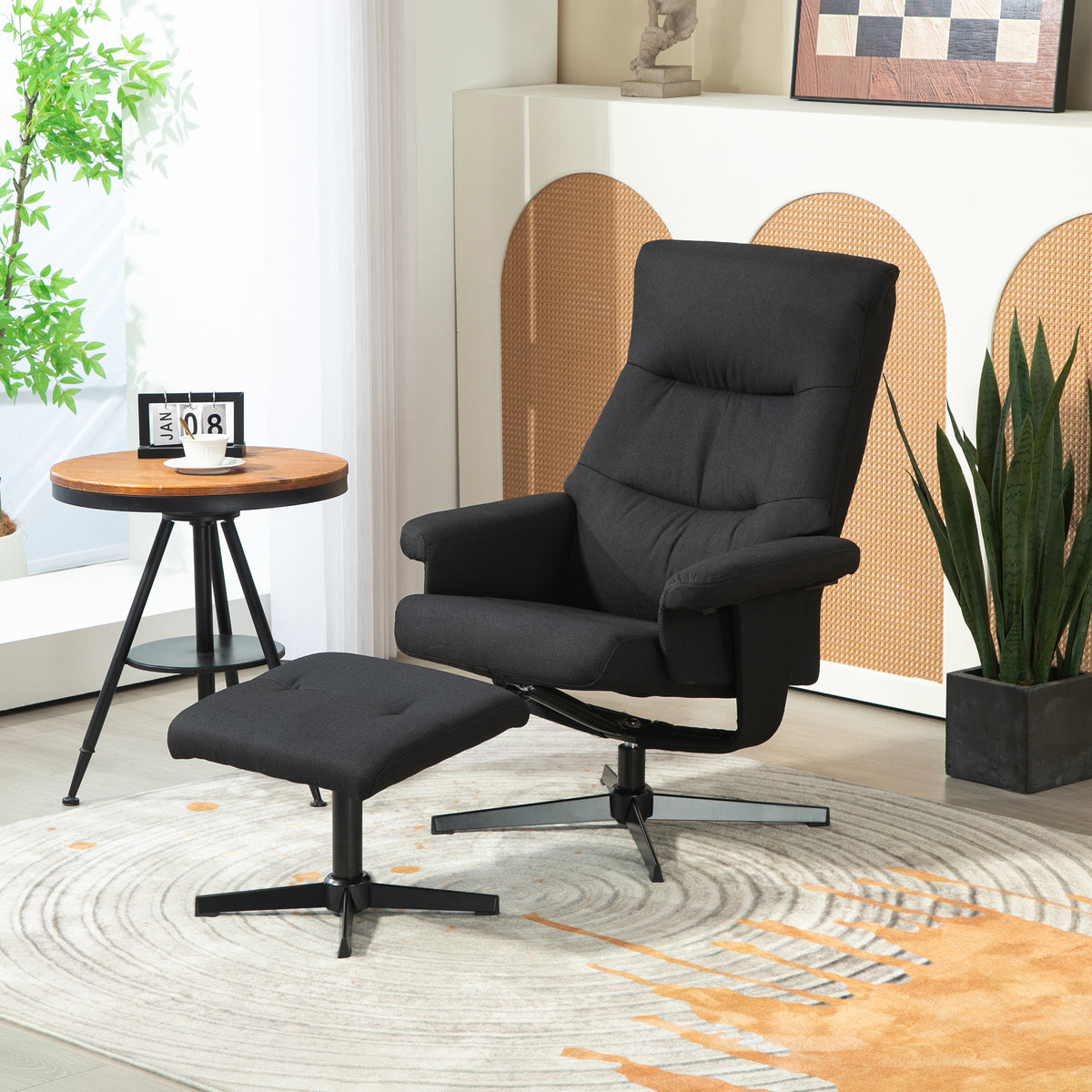 Recliner with footstool, swivel, rocking function, velvet look, up to 150 kg, black (2)