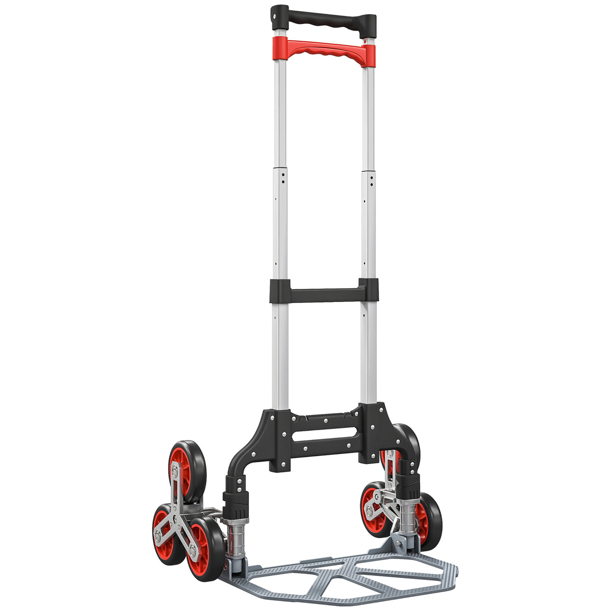 Foldable stair-climbing trolley, 6-wheel system, 70 kg capacity, aluminum, red