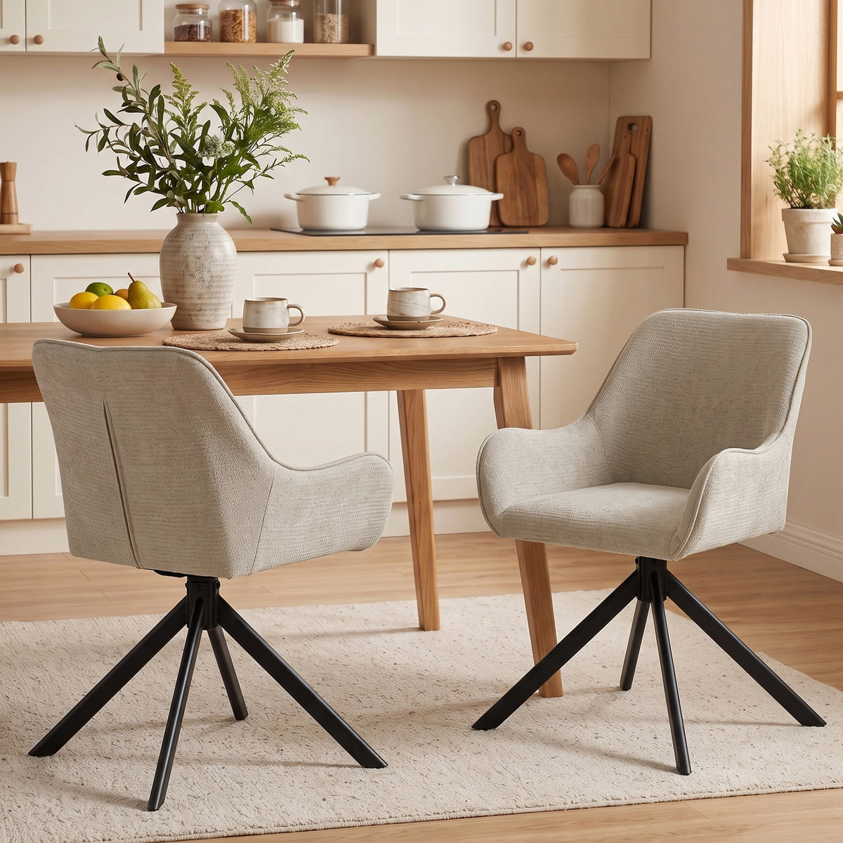 Dining chairs set of 2, swivel kitchen chair with armrests, metal frame for living room, dining room, beige (2)
