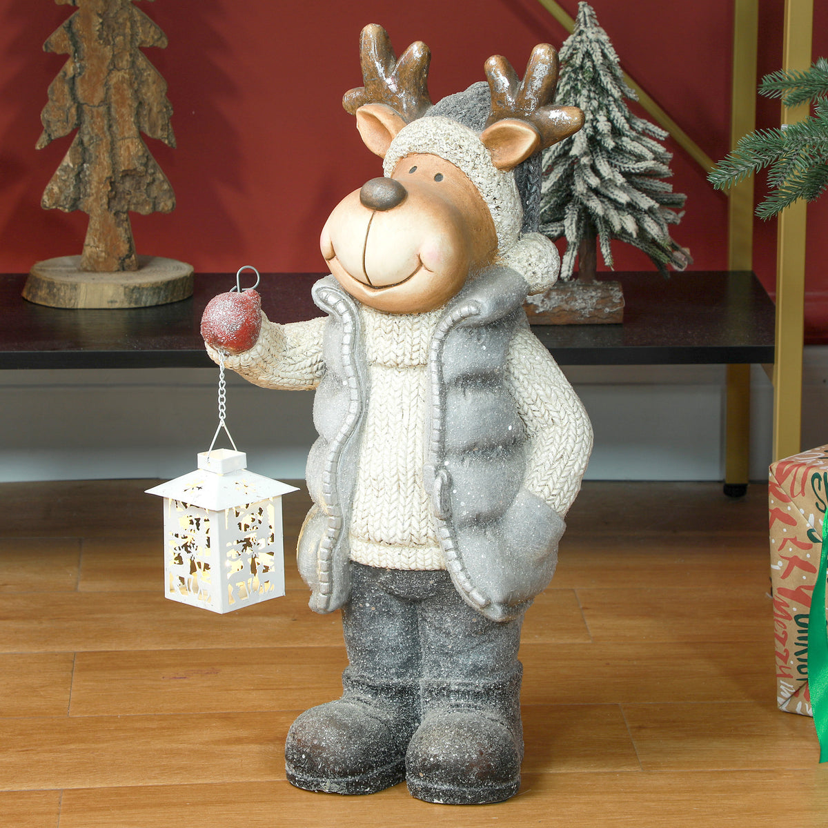 Christmas decoration, reindeer with lantern, LED, battery-operated, 25.5 x 19.5 x 52 cm (2)