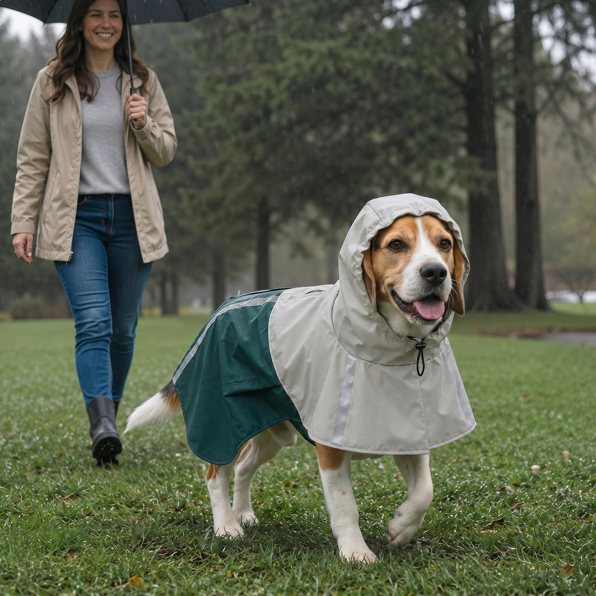 Dog raincoat, waterproof & breathable adjustable rain jacket with reflective strips leash opening green (2)