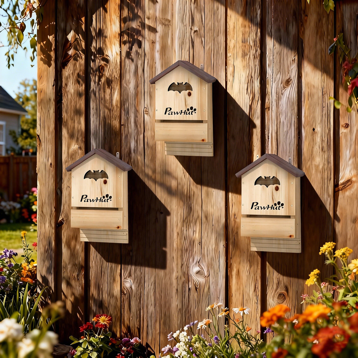 Bat box 3-piece set made of fir wood, bat house for hanging in gardens, 21.5 x 11.5 x 34 cm (2)