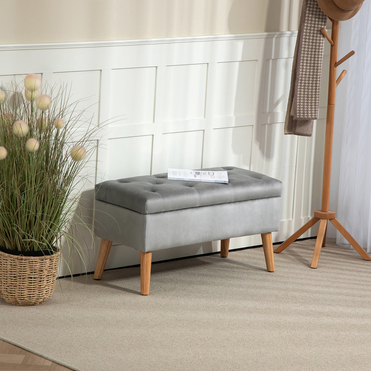 Upholstered bench with storage, velvet-look fabric cover, wooden legs, for living room, bedroom, hallway, 80 x (2)