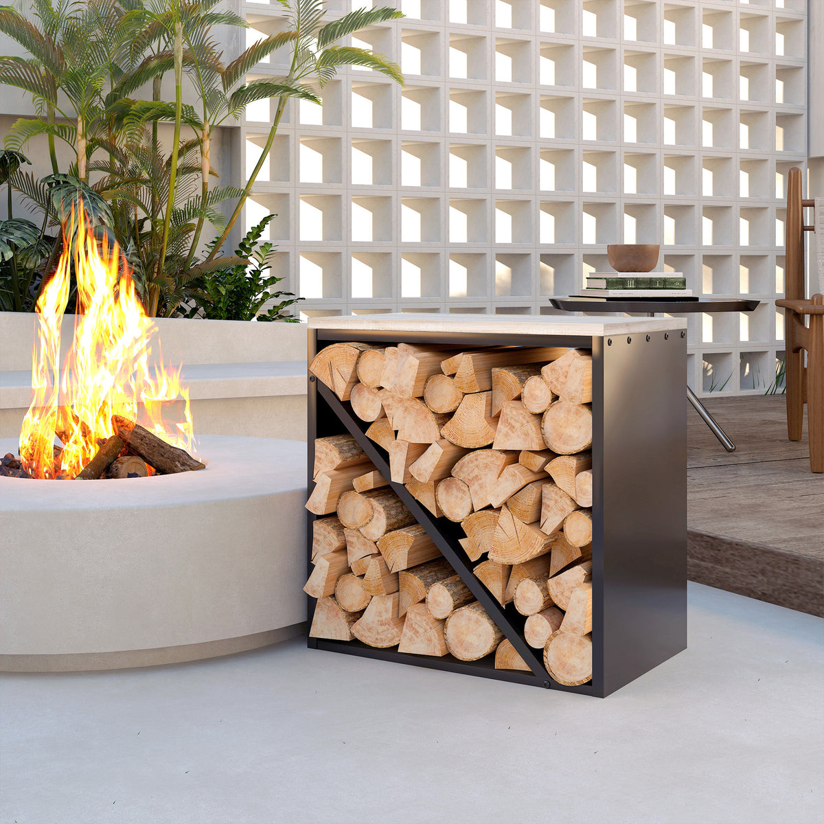 2-in-1 indoor firewood rack 58 x 36 x 60cm raised log storage with divider metal black (2)