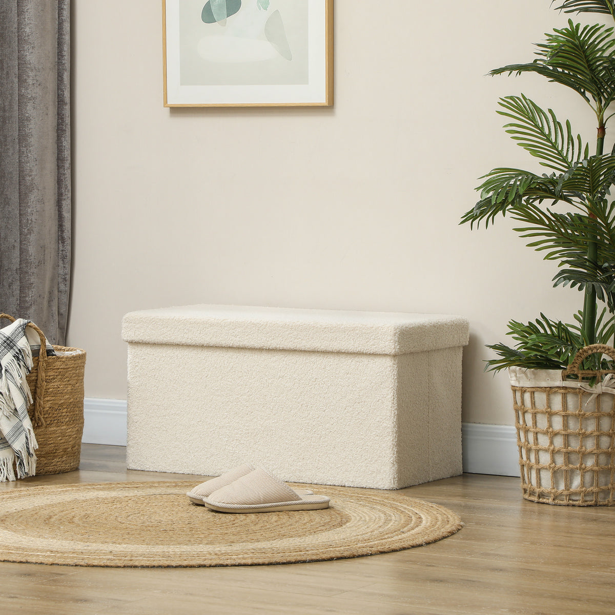 Storage ottoman, upholstered bench with storage space and lid for living room, bedroom, hallway, cream white (2)