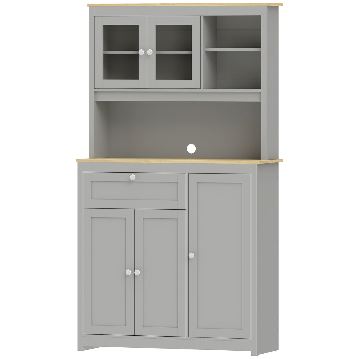 Pantry cabinet with open workspace and cable outlet, kitchen sideboard with glass doors gray, 180cm